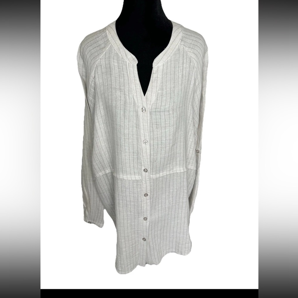 🆕Very J NWT ladies tan pinstripe‎ size large tunic top beachy all cotton summer